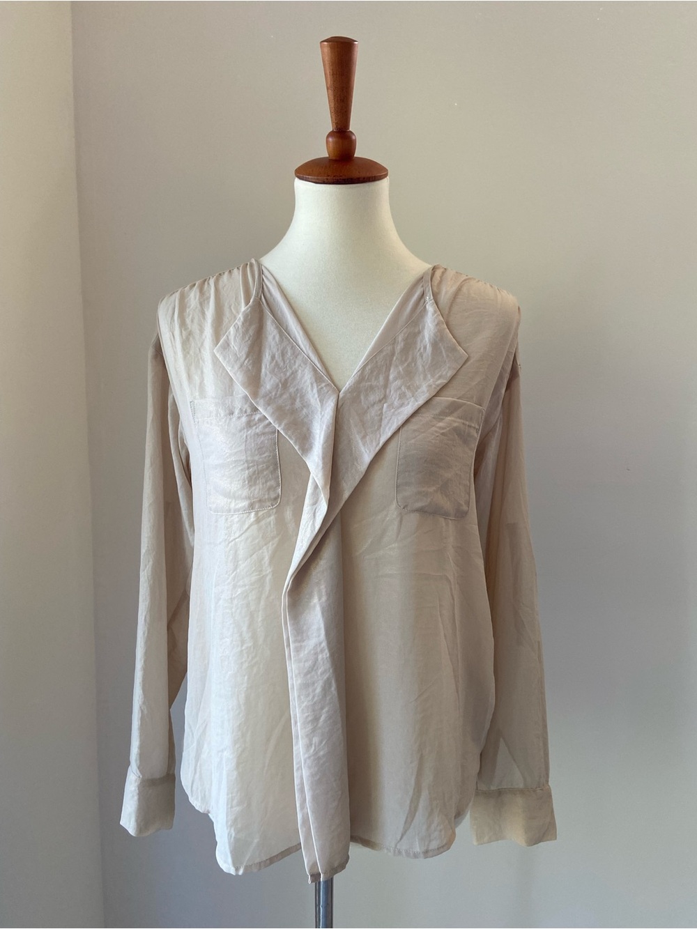 Light Taupe Ann Taylor V-Neck Draped Long-Sleeve Blouse - Women
